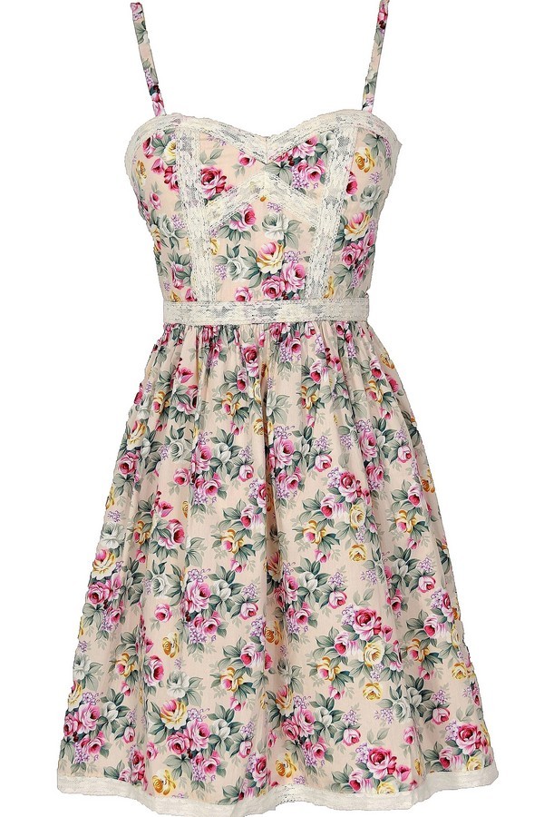 Cottage Rose Lace Trim Floral Designer Dress Lily Boutique